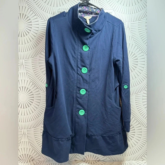 Matilda Jane Women’s Navy Blue Jacket‎ Full Zipper and Large Green Buttons Small - Picture 1 of 6